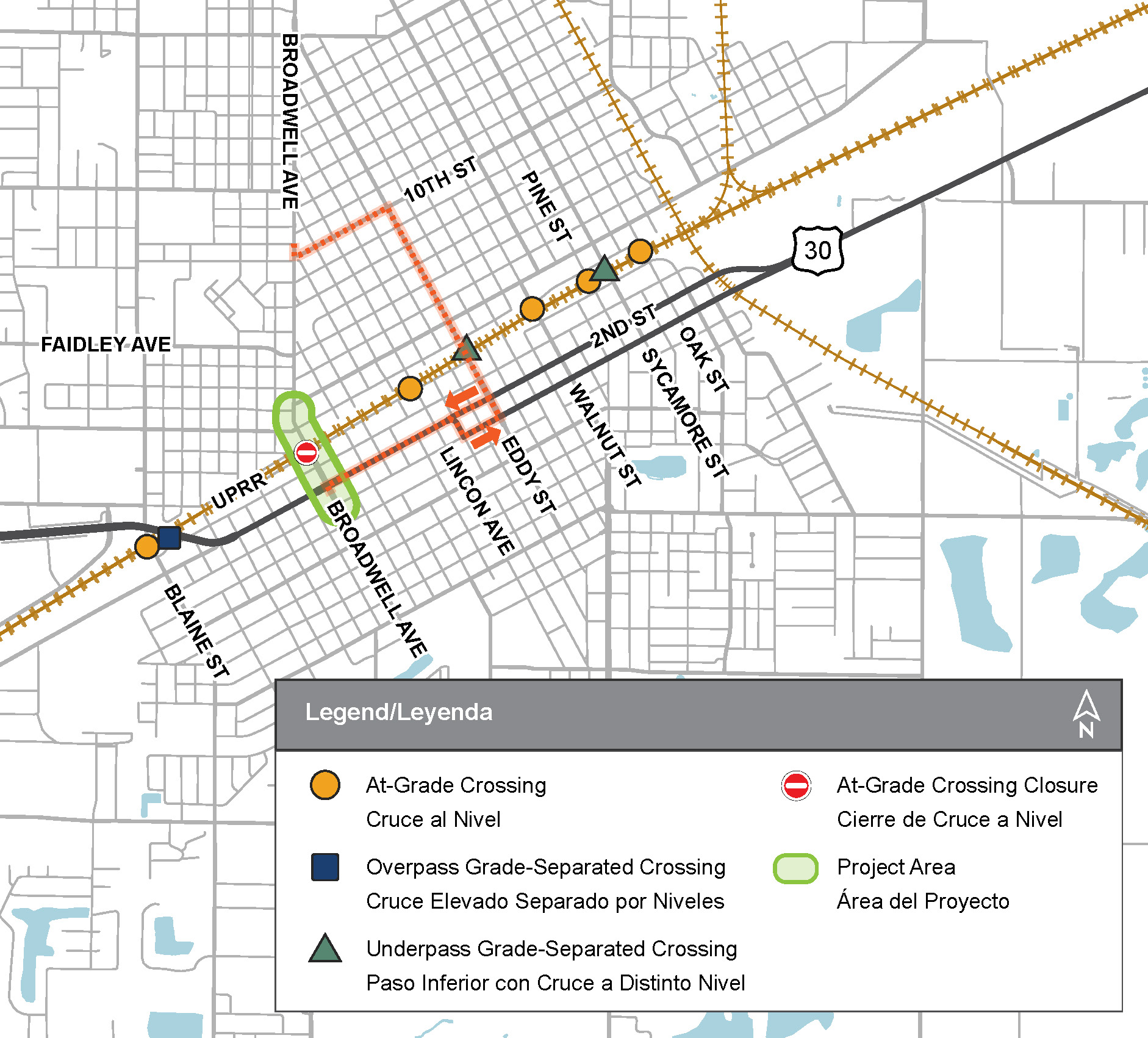Map showing the rail corridor and surrounding streets, with a proposed route highlighted in orange between Broadway Ave and 10th St. The project area is outlined in green near Broadway Ave. Legend identifies orange circles as at-grade crossings, a blue square as an overpass grade-separated crossing, green triangles as underpass grade-separated crossings, a red symbol as an at-grade crossing closure, and a green outline as the project area.